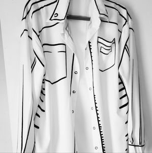 White Graphic Cartoon Button Up Women's Top